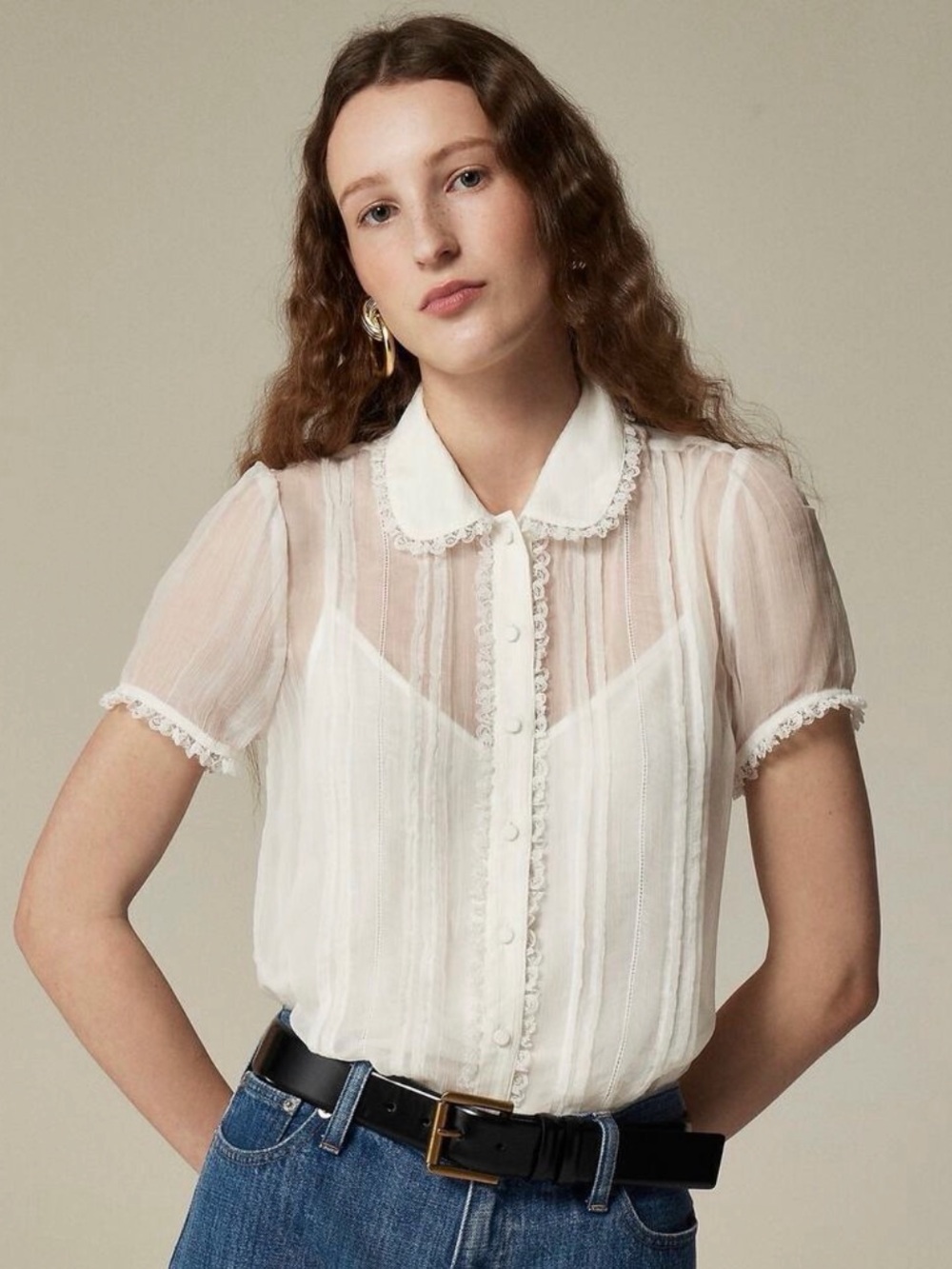 J.Crew Sheer Cream Lace-Trim Button Front Blouse